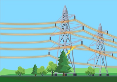 Graphic showing how a tree can create an electric arc when it grows too close to transmission lines