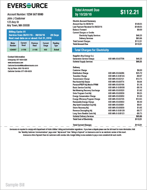 Understanding Electric Bill Example MA Bill Eversource