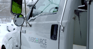 Close up photo of an Eversource line truck