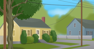 Digital drawing of a home, power lines and a tree