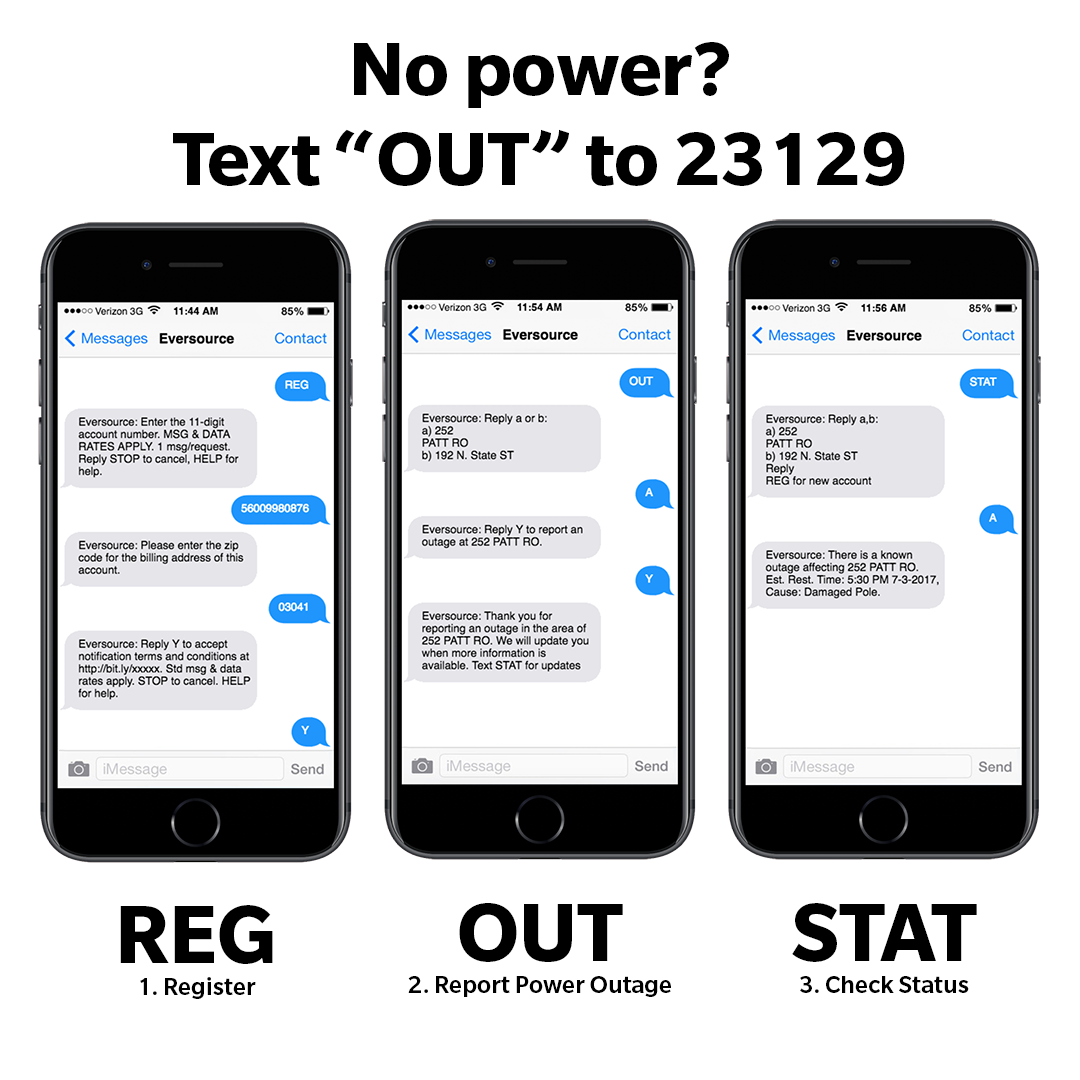 Three mobile phone screens showing outage reporting capabilities. Text OUT to 23129 if you're experiencing an outage.