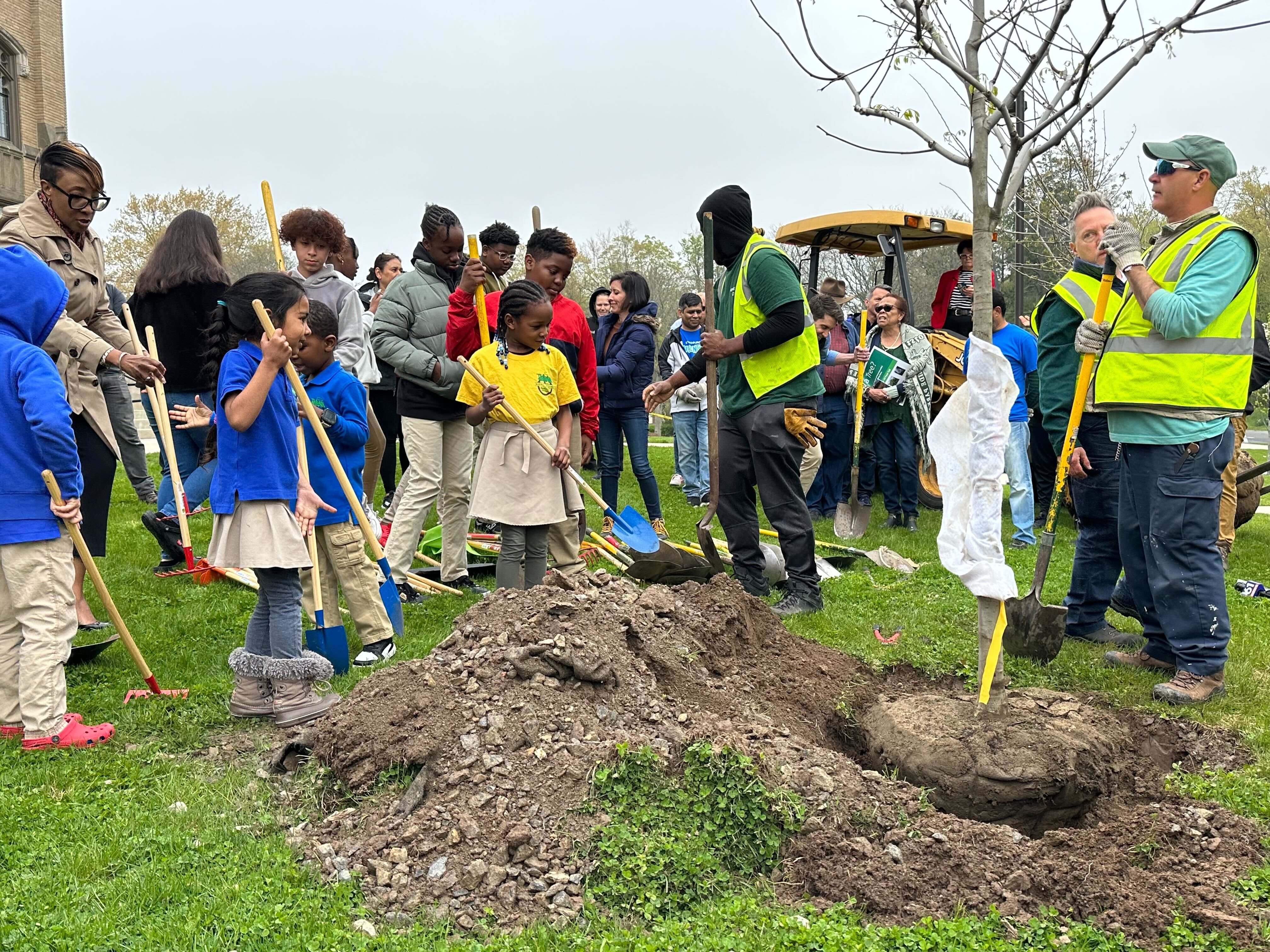 Students plant a tree at Martin Luther King, Jr. Middle School.