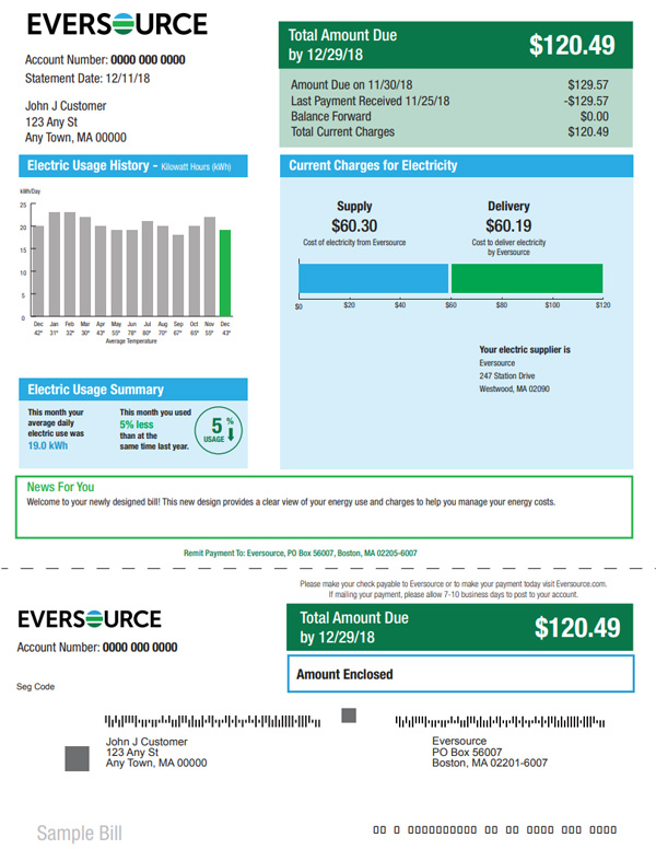 Image of the new Eversource bill for electric customers.