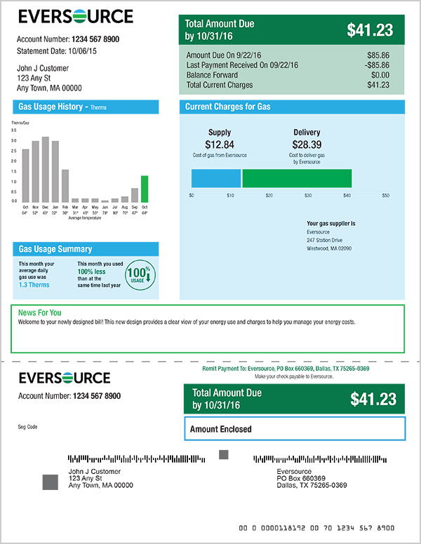 Image of the new Eversource bill for gas customers.