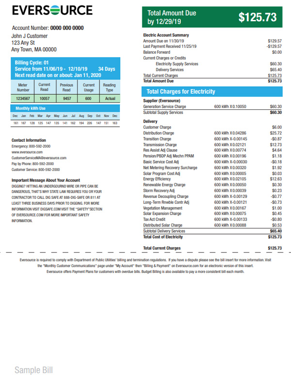 Understanding My Bill | Example MA Electric Bill | Eversource