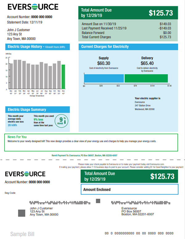 Image of the new Eversource bill for electric customers.