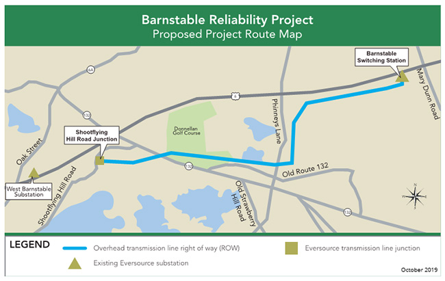 barnstable-project-map Map of the project route for the Barnstable Reliability Project.