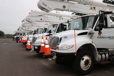 Eversource trucks lined up ready to respond to a mutual aid request