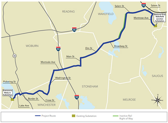 Map showing the route of the new Woburn to Wakefield transmission line.