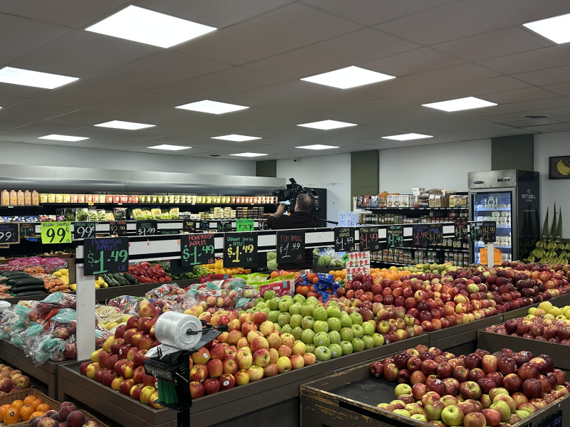 LED lights shine on produce in the Family Roots Produce Market