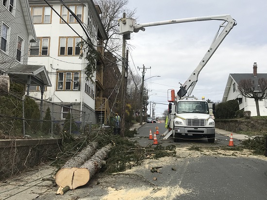 Crews clear a downed tree and repair power lines in Waterbury, Connecticut
