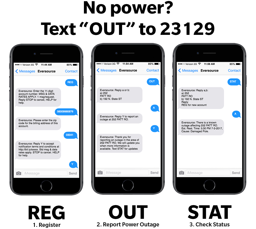 Mobile device showing steps for reporting and tracking a power outage by texting out to 23129