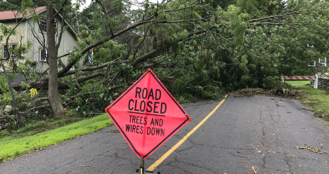 Road closed sign with trees and wires down in the background