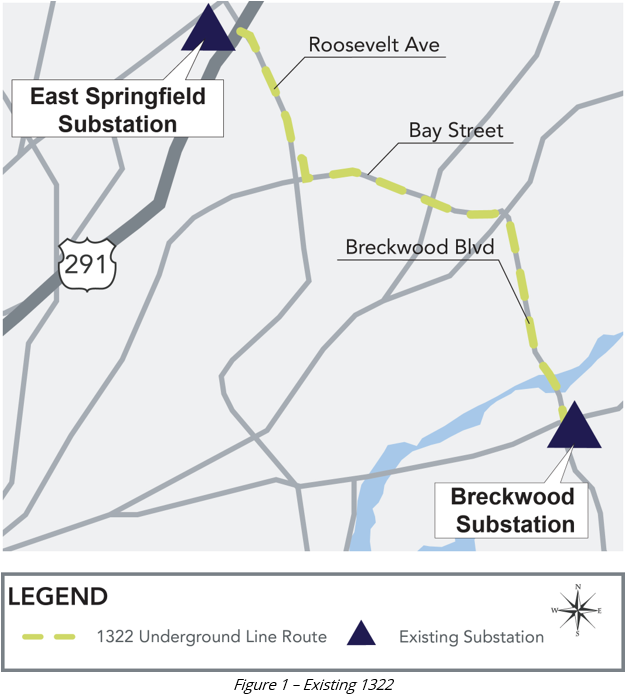 A map showing the existing 1322 underground line route from Breckwood substation to East Springfield substation.