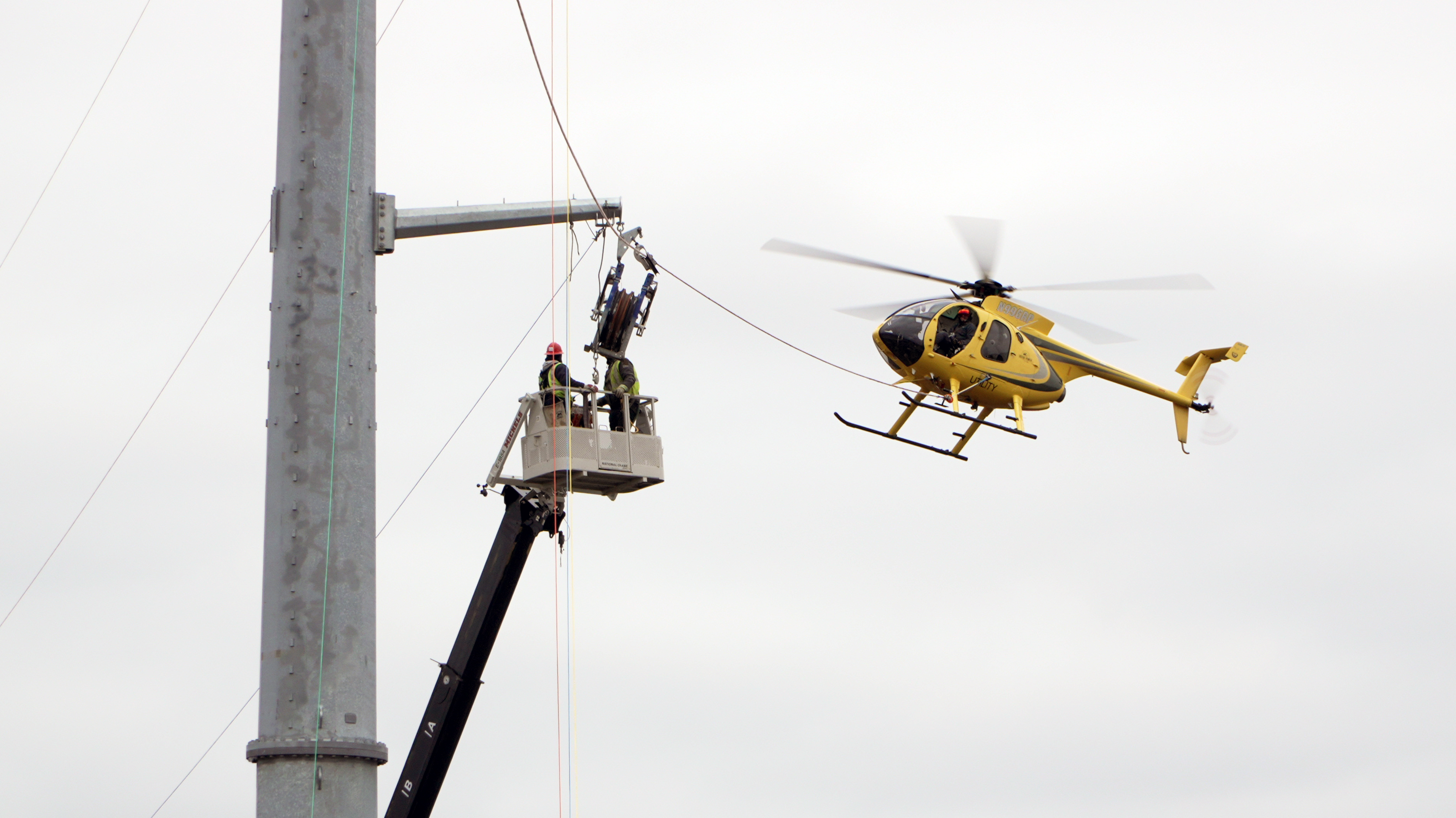 At the end of January 2024, the construction team utilized helicopters to connect a new transmission line to the local grid. 