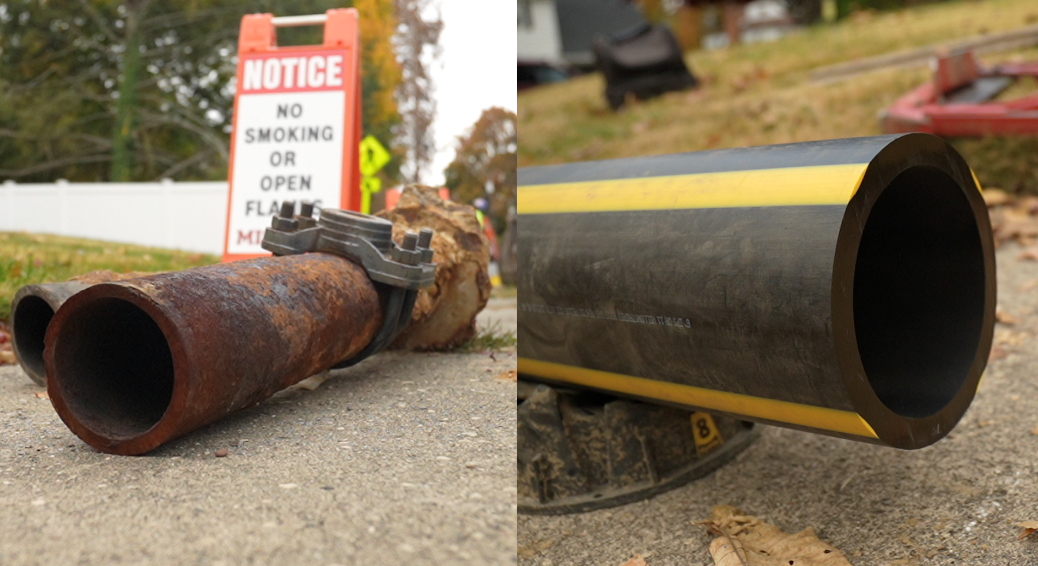 Cast iron main compared with new, high-density plastic pipe.