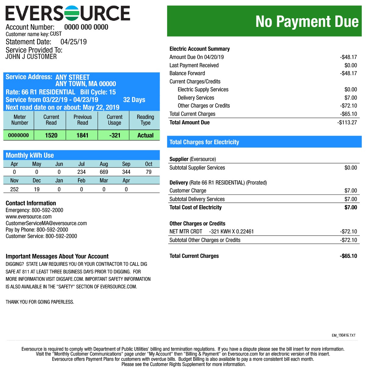 Second page of an electric bill for a customer in Eastern Massachusetts.