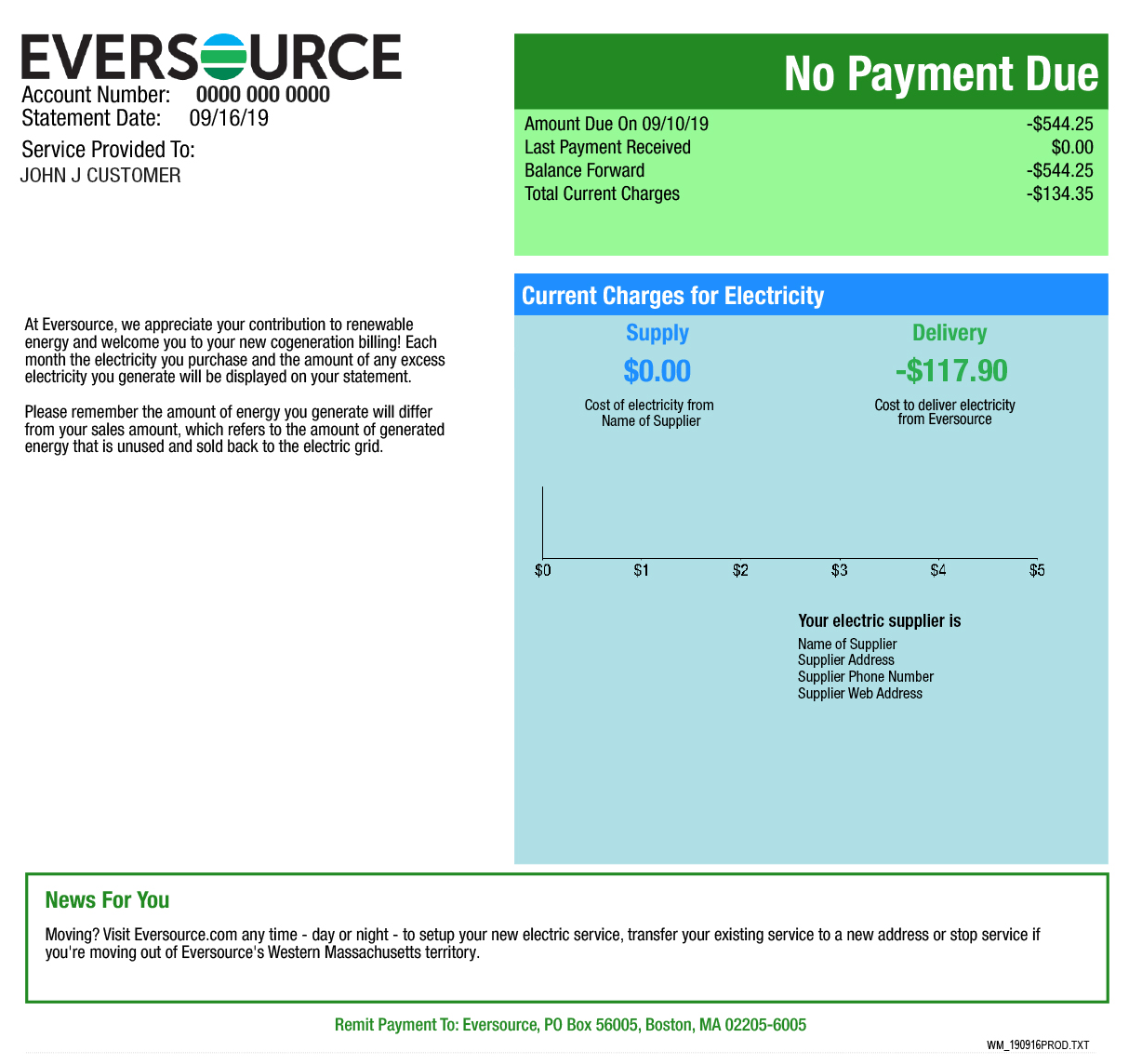 First page of a solar bill for a customer in Western Massachusetts.
