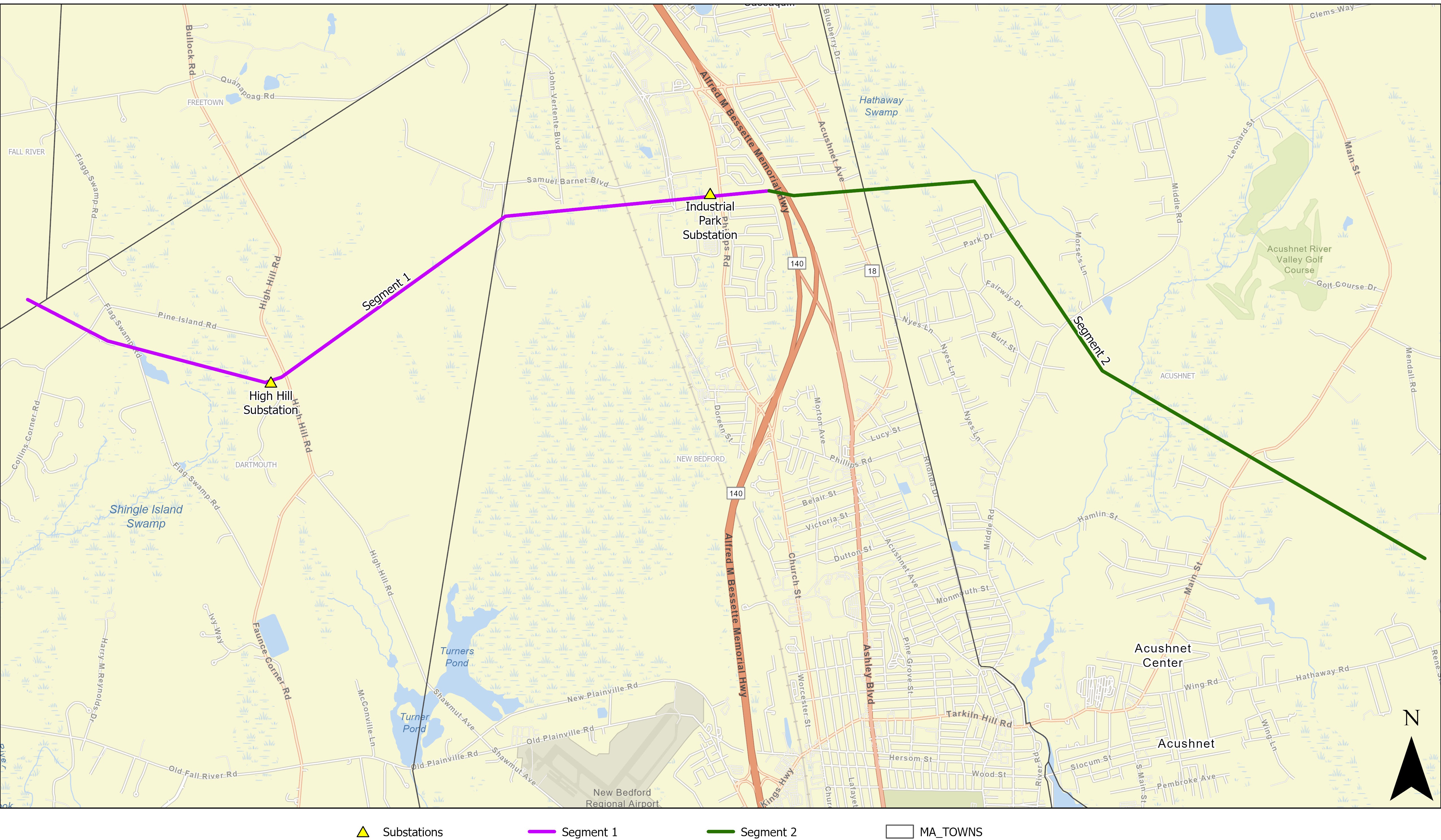 Map of the proposed Acushnet to Fall River Reliability Project.