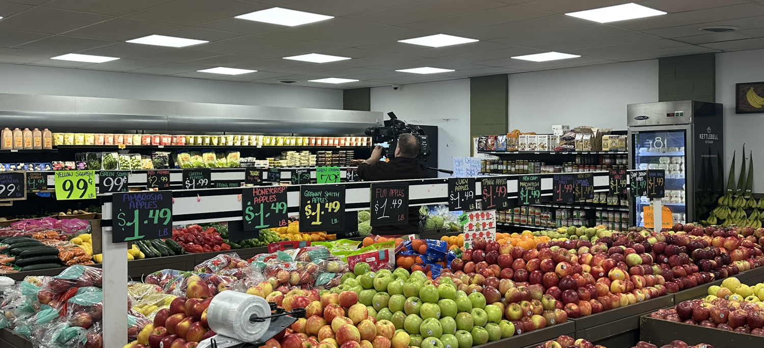 LED lights shine on produce