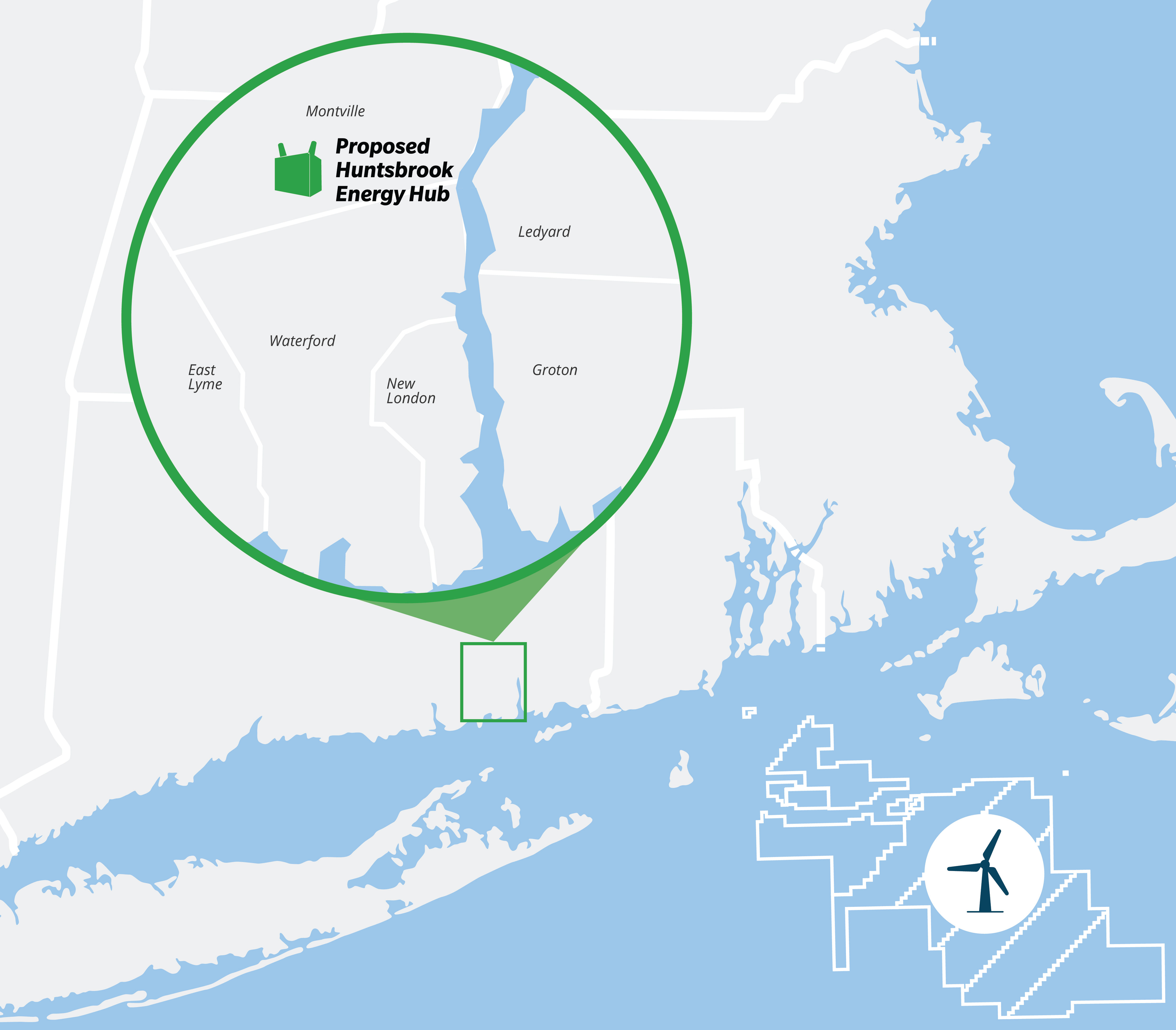 A diagram showing the proposed location of the Huntsbrook Energy Hub, which will be located on the Connecticut coast.